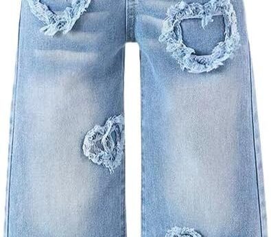 Nivne Tco Tween Girls Baggy Jeans – Zipper Elastic Waist Heart Patch Wide Leg Denim Pants for Girls with Five Pockets