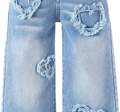 Nivne Tco Tween Girls Baggy Jeans – Zipper Elastic Waist Heart Patch Wide Leg Denim Pants for Girls with Five Pockets