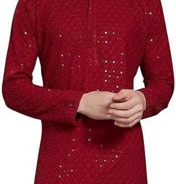 Men’s Ethnic Cotton Embroidery Chikankari Sequence Kurta Pajamas Set for Indian Wedding Festivals Occasion