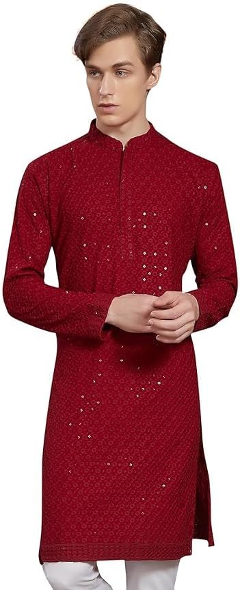 Men’s Ethnic Cotton Embroidery Chikankari Sequence Kurta Pajamas Set for Indian Wedding Festivals Occasion
