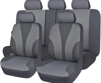 Flying Banner Car Seat Covers Full Cover Universal fit Car Truck SUV Van Stamp Breathable Rear Bench Split Polyester Fabric (Full Set – Low Back – Fabric, Solid Gray)