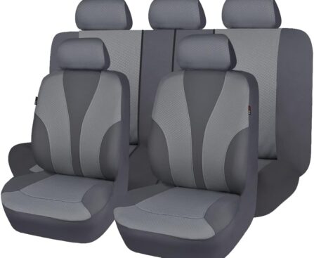 Flying Banner Car Seat Covers Full Cover Universal fit Car Truck SUV Van Stamp Breathable Rear Bench Split Polyester Fabric (Full Set – Low Back – Fabric, Solid Gray)