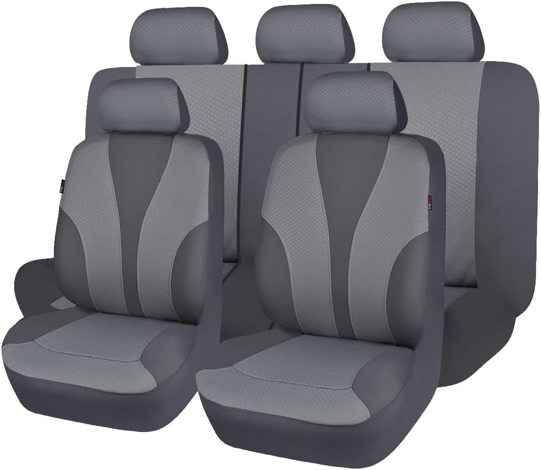 Flying Banner Car Seat Covers Full Cover Universal fit Car Truck SUV Van Stamp Breathable Rear Bench Split Polyester Fabric (Full Set – Low Back – Fabric, Solid Gray)