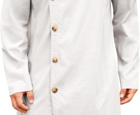 Runcati Mens Kaftan Thobe Button Down Long Sleeve Robe Casual Henley Shirt Cotton Muslim Gown Kurta Tops