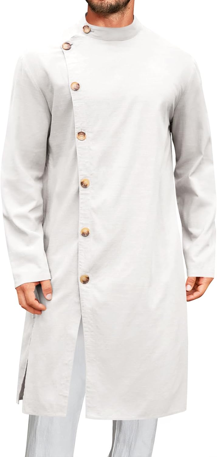 Runcati Mens Kaftan Thobe Button Down Long Sleeve Robe Casual Henley Shirt Cotton Muslim Gown Kurta Tops