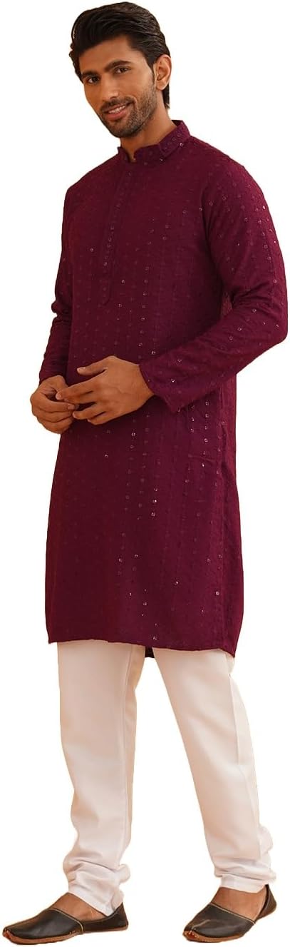 Sojanya (Since 1958 Men’S Pure Cotton Purple Embroidered Sequined Kurta And White Pyjama Set