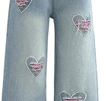 Nivne Tco Girls Baggy Jeans, Ripped Heart Patch Denim Pants, Casual Loose Fit Wide – Leg Trousers for Kids