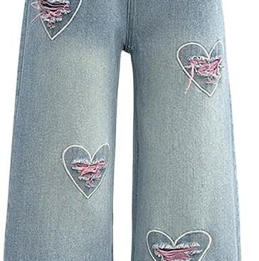 Nivne Tco Girls Baggy Jeans, Ripped Heart Patch Denim Pants, Casual Loose Fit Wide – Leg Trousers for Kids