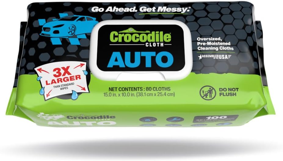 Crocodile Cloth Auto Cleaning Wipes – 100 XL (15″ x 10″) Disposable Wipes for Car Engine Degreasing, Body Detailing & Tire Cleaning – Cuts Grease, Oil, Adhesives on Hands, Tools, Parts & More