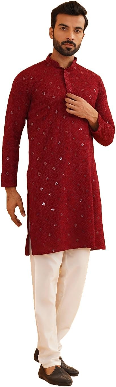 Sojanya (Since 1958 Men’S Cotton Embroidered Sequinned Kurta With White Churidaar Pyjama