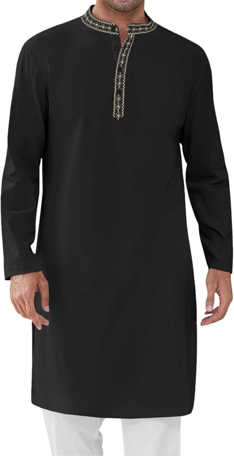 Runcati Mens Cotton Kaftan Robe Long Sleeve Button Down Henley Shirts Thobe Casual Side Split Gown Shirt