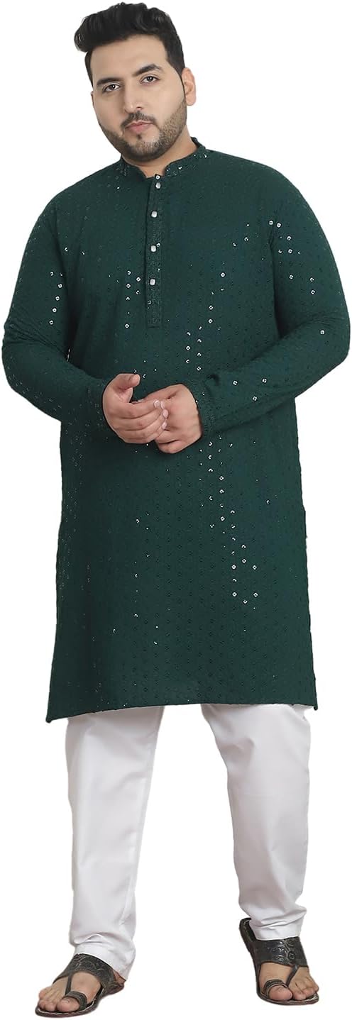 Sojanya Plus (Since 1958) Men’s Cotton Sequins Embroidered Kurta with White Churidar Pyjama
