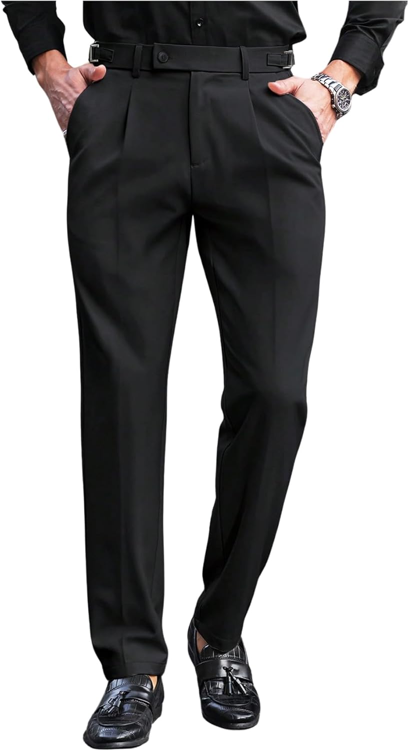 GORGLITTER Men’s Pleated Low Rise Waisted Dress Pants Straight Leg Trousers Work Slacks Pants Business Casual Outfits