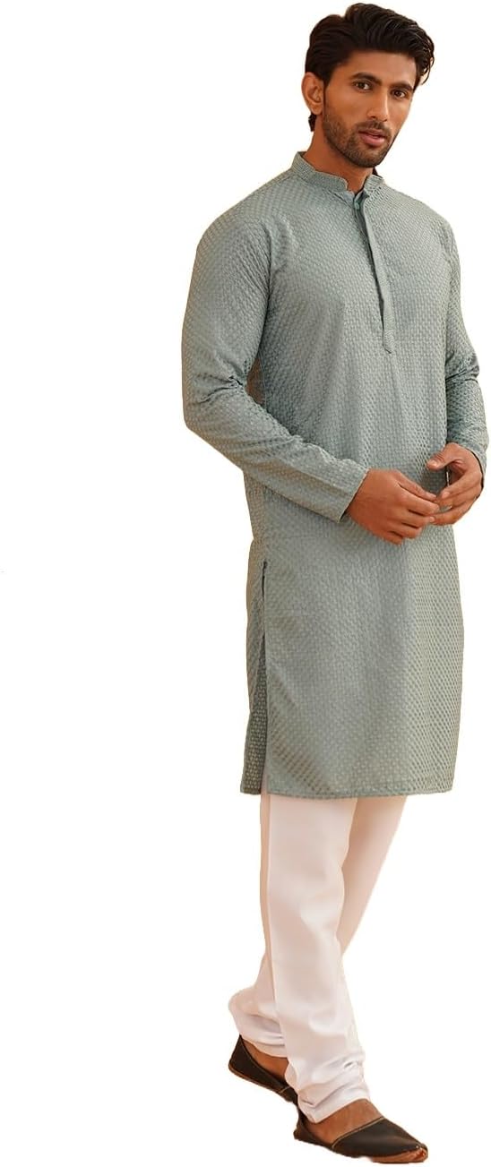 Sojanya (Since 1958 Men’S Cotton Embroidered Thread Work Kurta With White Churidar Pyjama