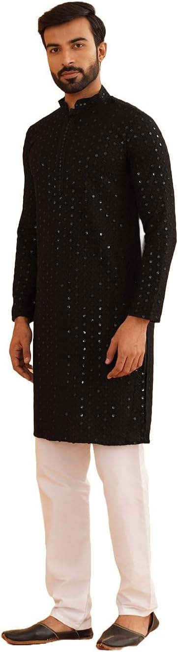 Sojanya (Since 1958 Men’S Cotton Gold Embroidered Sequinned Kurta With White Churidar Pyjama