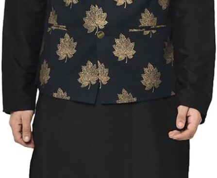 KISAH Men Kurta Jacket Set Cotton Blend Fabric Full Sleaves, Knee Length, Regular Fit, Mandarin Collar Ethnic Wear, Black