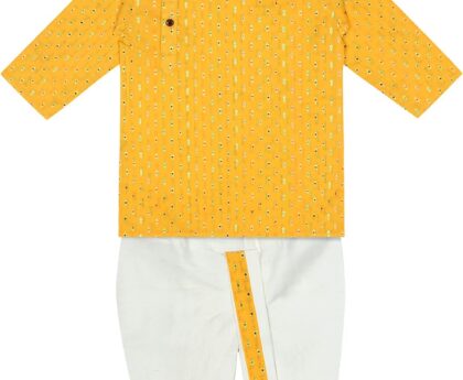 Superminis Boy’s Cotton Kurta with Dhoti – Golden Thread Work, Side Button Kurta Set for Ethnic Wear