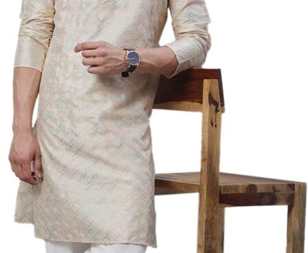 Sojanya (Since 1958 Men’S Silk Blend Navy Blue Kurta With Multi Color Embroidery