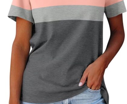 Minetom Women’s Color Block/Solid Tops Short Sleeve V Neck T Shirts Summer Casual Tees