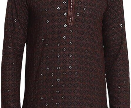 Sojanya (Since 1958 Men’S Cotton Contrast Embroidered Sequinned Long Kurta