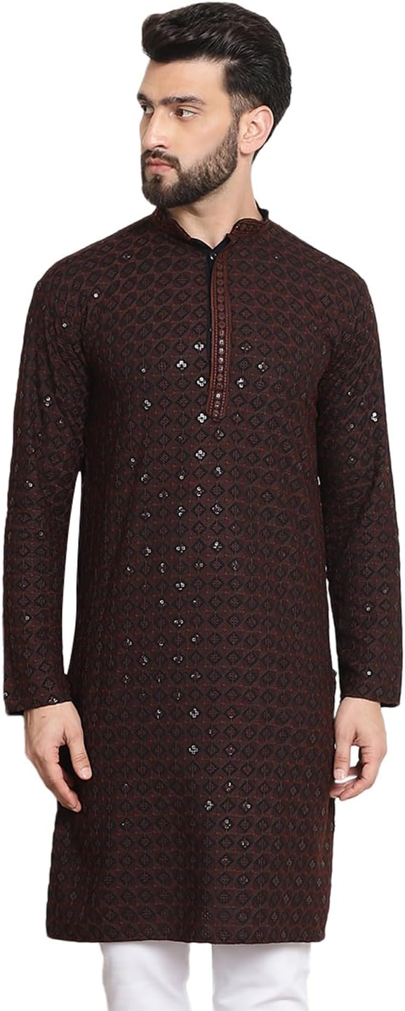 Sojanya (Since 1958 Men’S Cotton Contrast Embroidered Sequinned Long Kurta