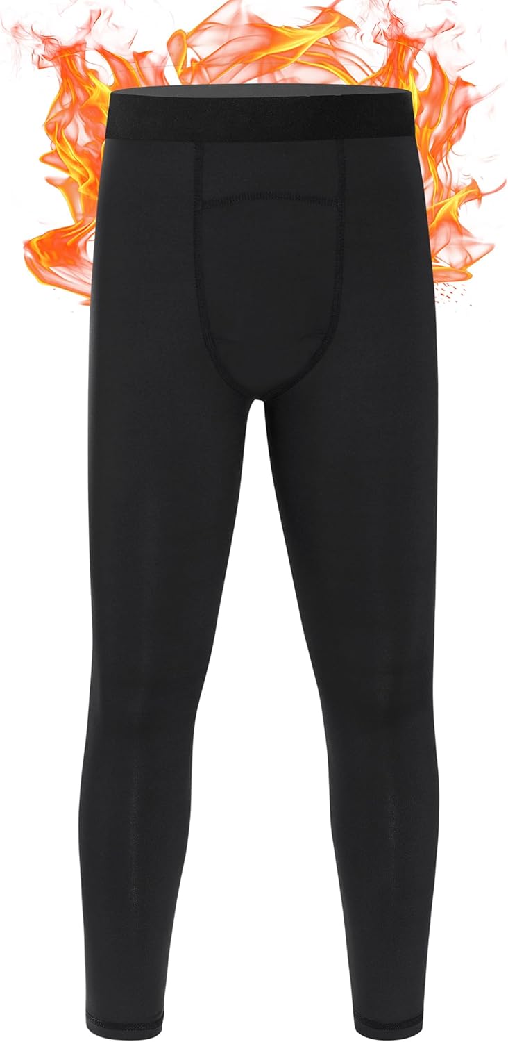 Boys Thermal Pants, Kids Football Fleece Lined Leggings, Youth Compression Base Layer for Sports Baseball Hockey