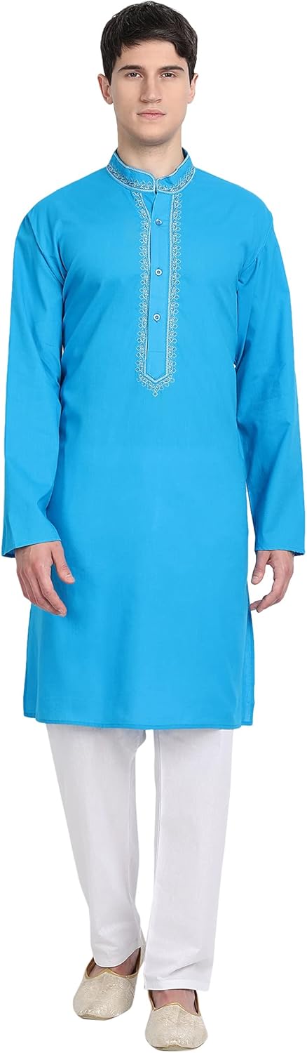 SKAVIJ Kurta Pajama Set for Men Embroidered Cotton Casual Party Dress Set