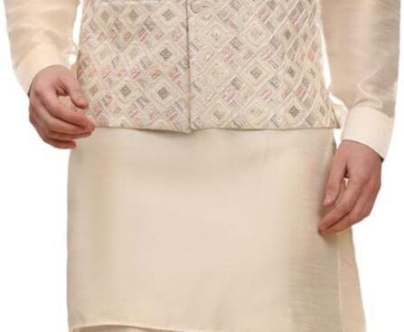 Pro-Ethic Style Developer Mens Indian Traditional Silk Kurta Set With Jacket For Men Floral Design (C-112)