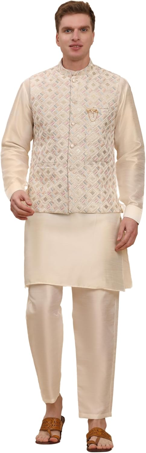 Pro-Ethic Style Developer Mens Indian Traditional Silk Kurta Set With Jacket For Men Floral Design (C-112)