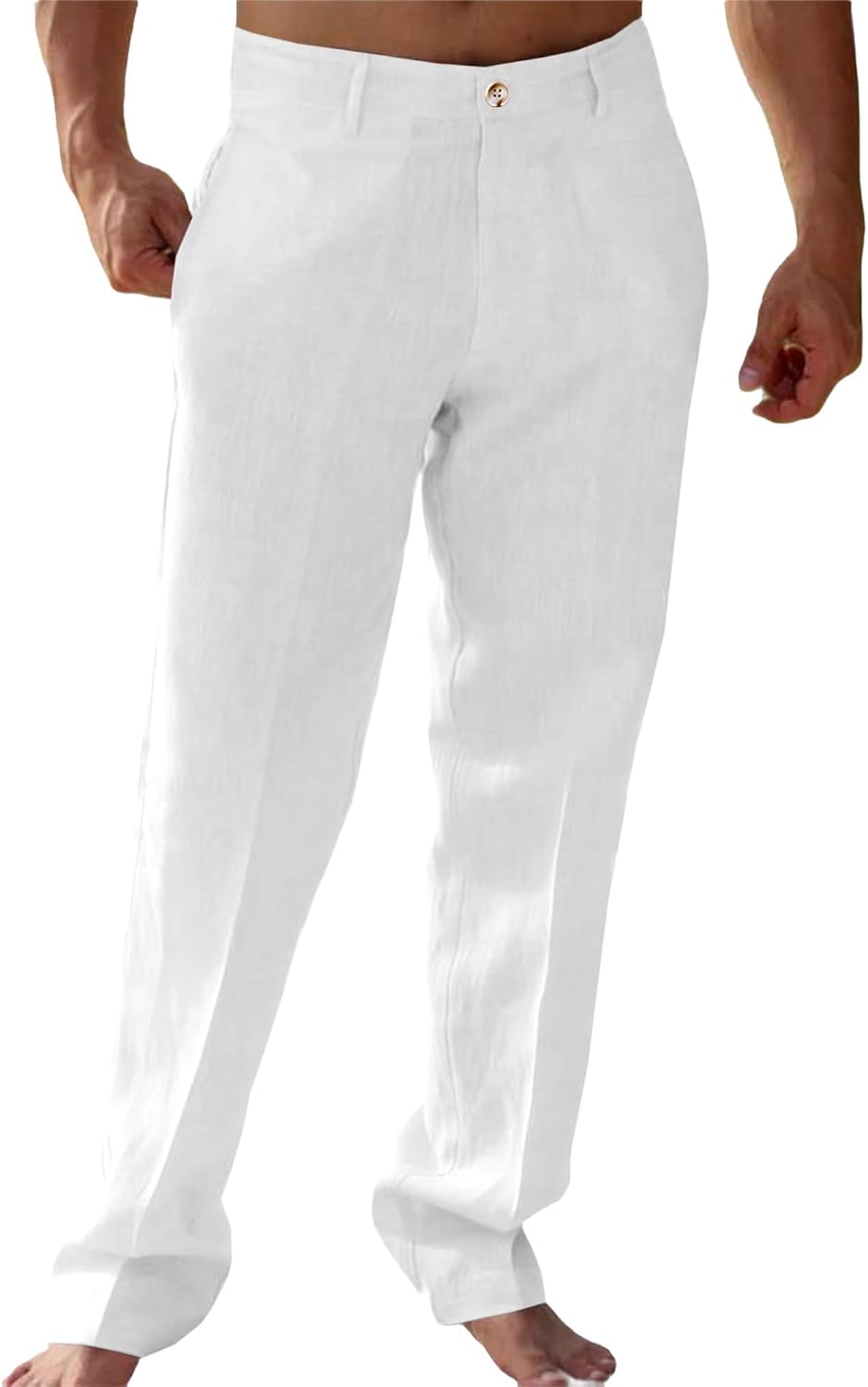 Runcati Mens Casual Pants Linen Elastic Waist Lightweight Straight Leg Pants Cotton Loose Fit Summer Beach Yoga Trousers