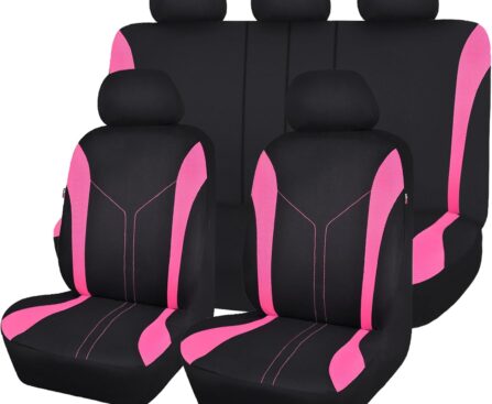 Flying Banner Car Seat Covers Full Set Front Seats and Rear Bench Mesh Fabric Splicing Polyester Cover Black with Pink Color