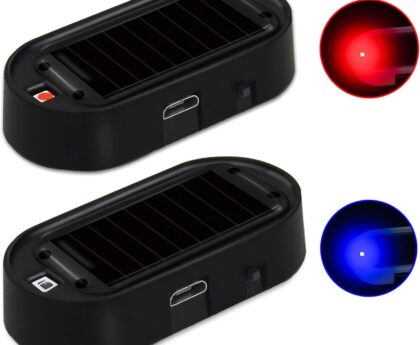 Shudyear Car Solar Power Simulated Dummy Alarm，New Model&Brighter & Clearer，Anti-Theft LED Flashing Security Light Fake lamp with USB Charger Port，2PCS (Red & Blue)