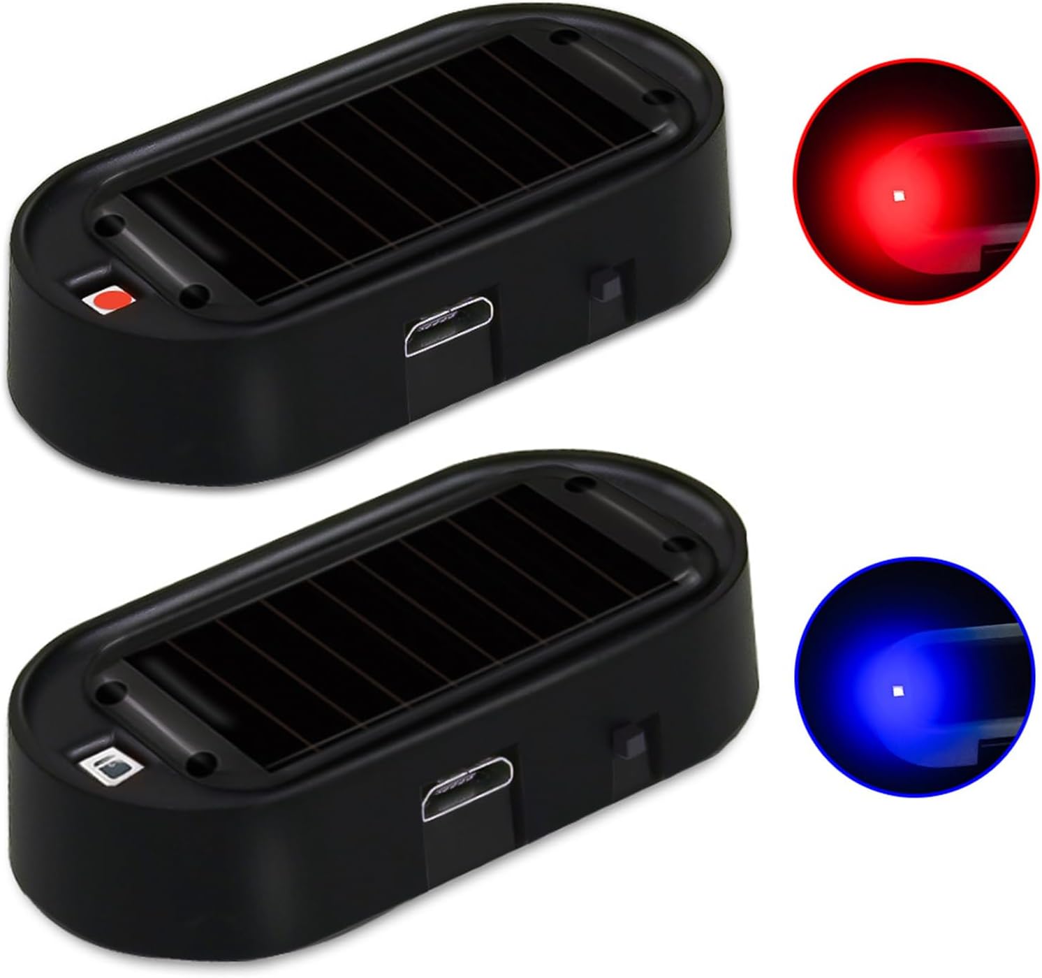 Shudyear Car Solar Power Simulated Dummy Alarm，New Model&Brighter & Clearer，Anti-Theft LED Flashing Security Light Fake lamp with USB Charger Port，2PCS (Red & Blue)