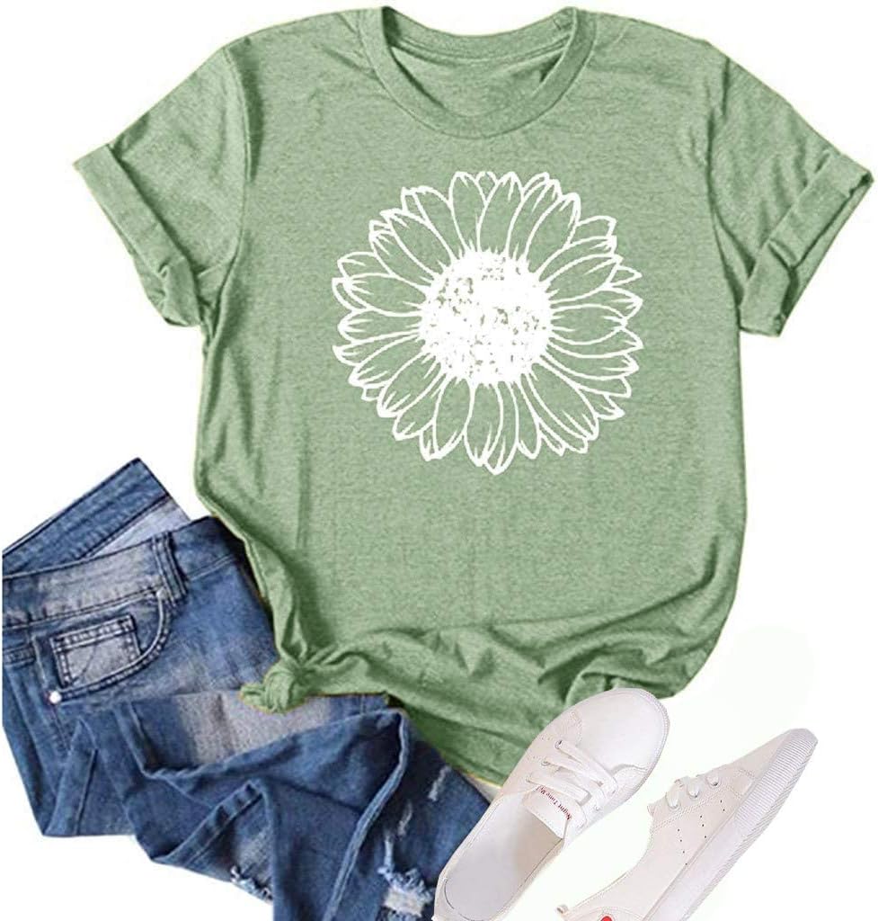 Women’s Summer Sunflower T Shirt Cute Flower Graphic Loose Tees Crew Neck Short Sleeve Casual Tops