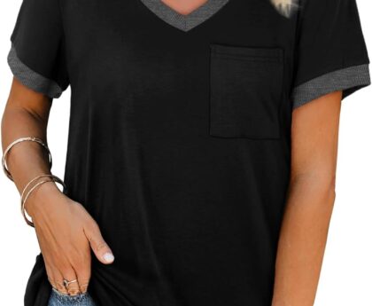 Geifa Womens T Shirts Short Sleeve V Neck Loose Casual Summer Tops with Pocket