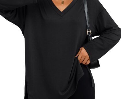 Trendy Queen Womens Oversized Long Sleeve T Shirts Side Slit Workout Tops Fall Fashion Plus Size Gym V Neck Basic Y2k Tees