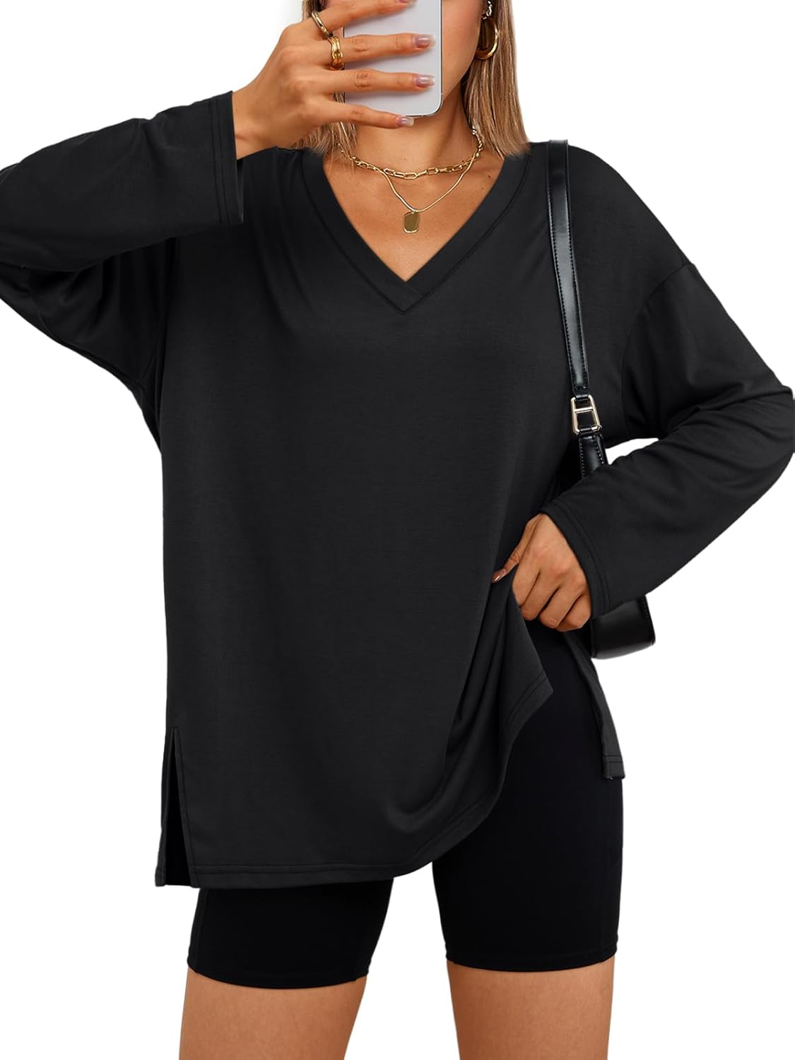 Trendy Queen Womens Oversized Long Sleeve T Shirts Side Slit Workout Tops Fall Fashion Plus Size Gym V Neck Basic Y2k Tees