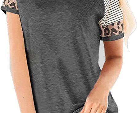 Leopard Print Tops for Women Long Sleeve Crew Neck Patchwork T Shirt Blouse