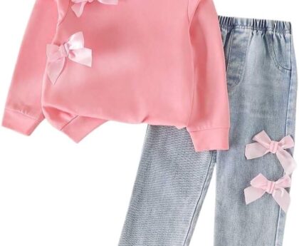 Kids Toddler Girl Long Sleeve Bow Sweatshirt & Denim Straight Leg Jeans Pants Fall Winter Outfits Set