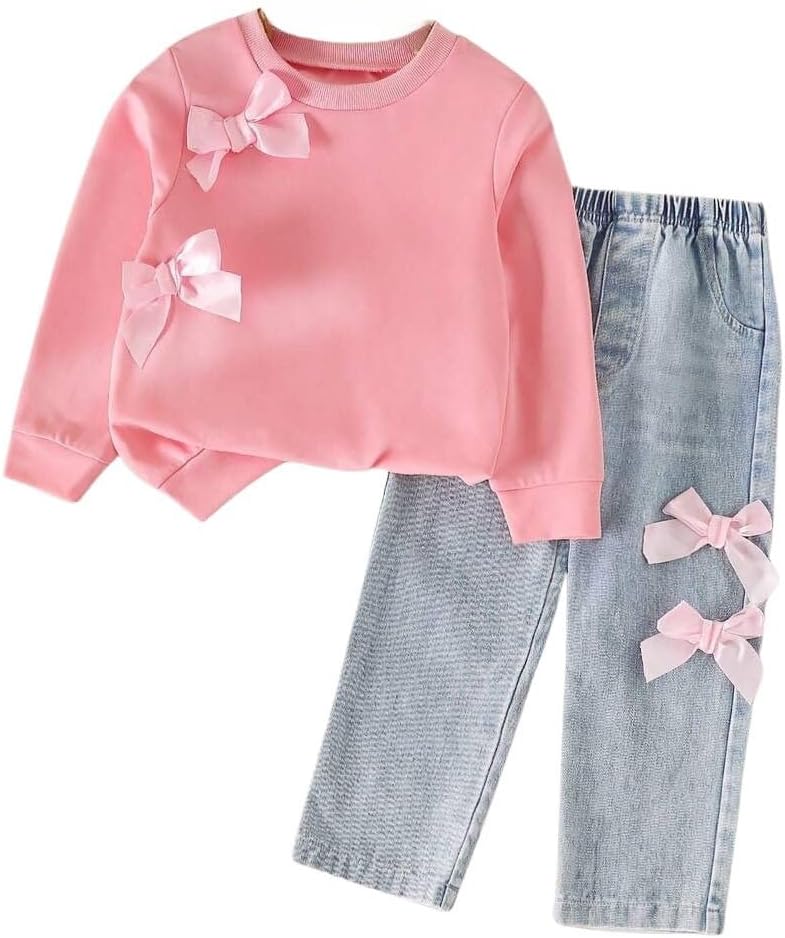 Kids Toddler Girl Long Sleeve Bow Sweatshirt & Denim Straight Leg Jeans Pants Fall Winter Outfits Set