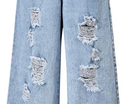 Nivne Tco Girls Ripped Baggy Jeans – Elastic Waist Wide Leg Denim Pants with Pockets for Kids