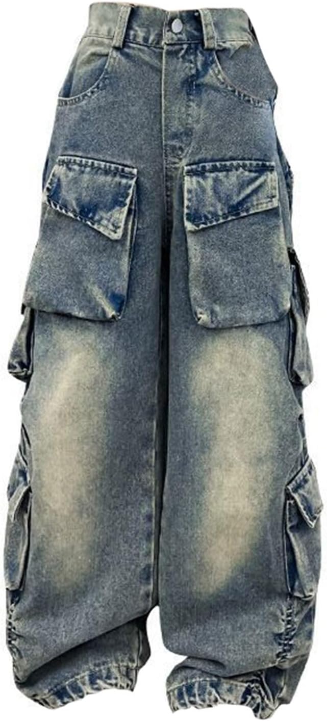 BILIKEYU Girls Streetwear Denim Cargo Pants High Waist Floor Length Baggy Wide Leg Jeans with Multi Pockets 5