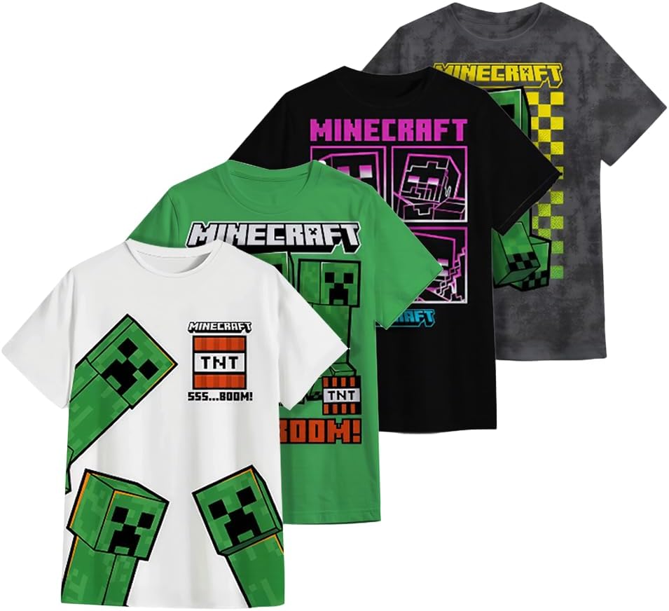 Minecraft Boy’s Short Sleeve T-Shirt 4-Packs – Creeper, Ender Dragon, Skeleton, Zombie Graphic Tee Sets for Kids
