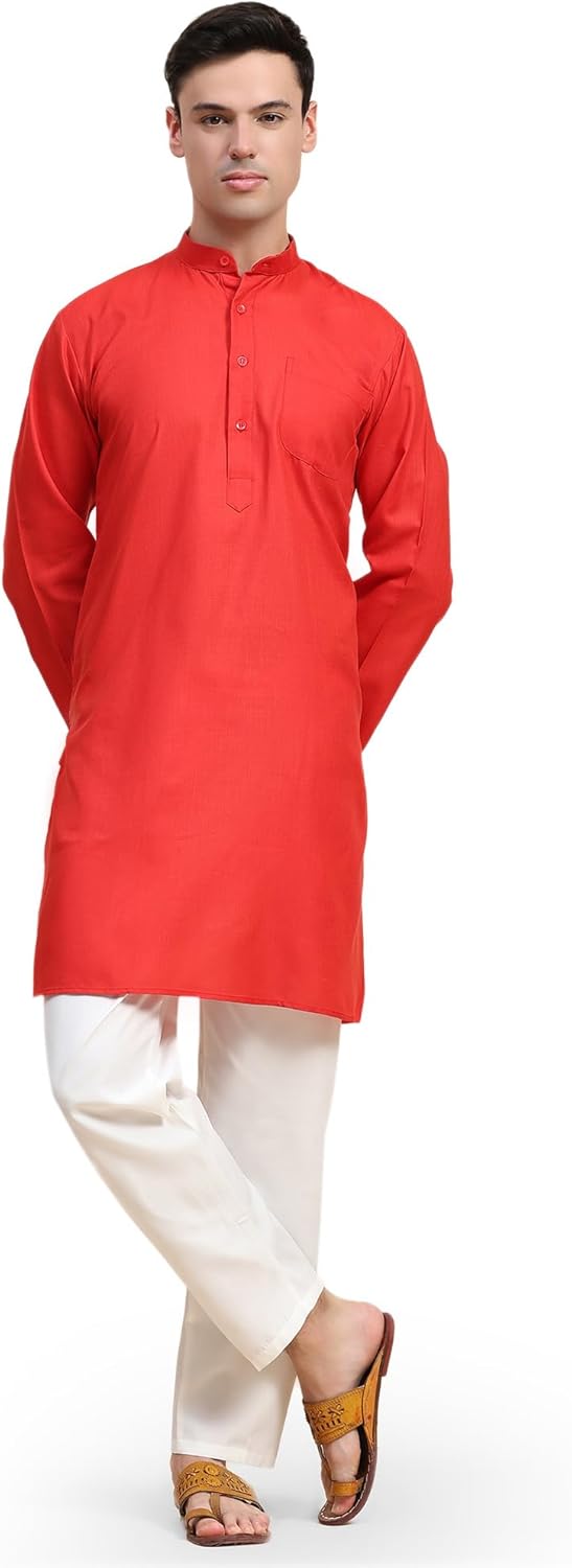 SKAVIJ Men’s Cotton Henley Kurta Set Mandarin Collar Regular Fit Long Sleeves Ethnic Dress