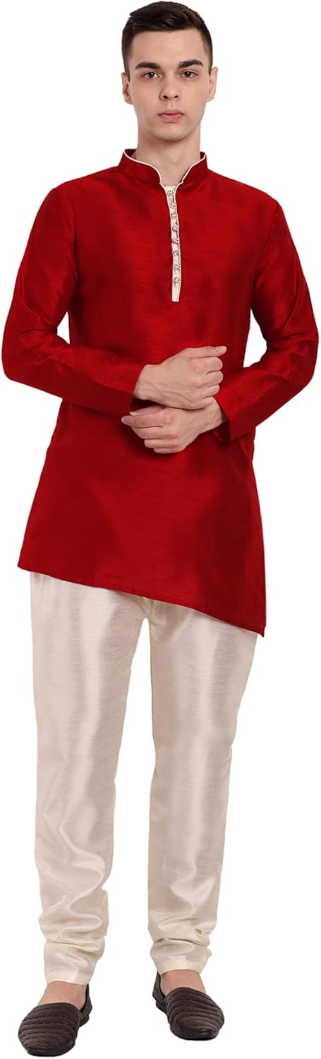 SKAVIJ Men’s Art Silk Cross-Cut Ethnic Kurta Pajama Set Traditional Indian Suit Dress Ideal Father’s Day Gift