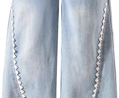 Nivne Tco Girls Baggy Jeans, Wide Leg Pants with Lace Trim – Trendy Loose Fit Casual Pants with Pockets for Everyday Wear
