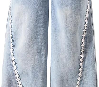 Nivne Tco Girls Baggy Jeans, Wide Leg Pants with Lace Trim – Trendy Loose Fit Casual Pants with Pockets for Everyday Wear