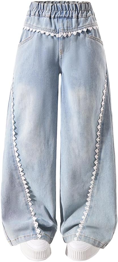 Nivne Tco Girls Baggy Jeans, Wide Leg Pants with Lace Trim – Trendy Loose Fit Casual Pants with Pockets for Everyday Wear