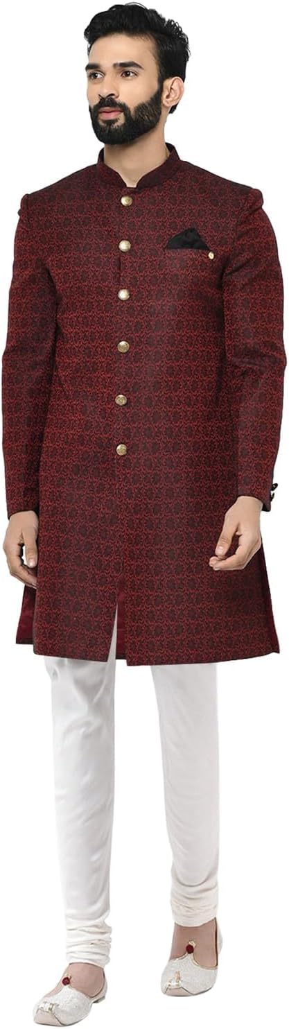 KISAH Men’s Jacquard Floral Indowestern Sherwani Pajama/Dhoti Set – Regular Fit, Mandarin Collar| Ethnic Festive Wear