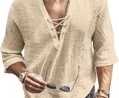 Men’s Fashion Shirt Short Sleeve Beach V-Neck Drawstring Printing Yoga African Summer Top